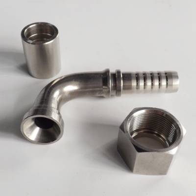 Hydraulic cone flared fitting, nut and ferrule on gray background