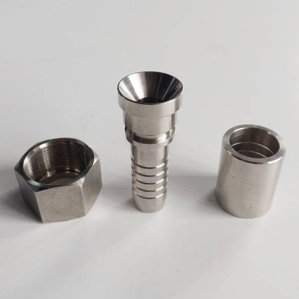 QLA-002 hydraulic cone flared fitting, nut and ferrule on gray background