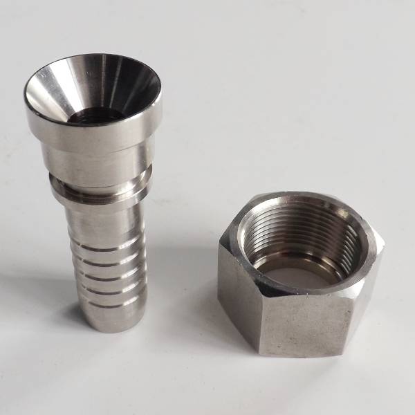 QLA-004 hydraulic cone flared fitting and nut on gray background